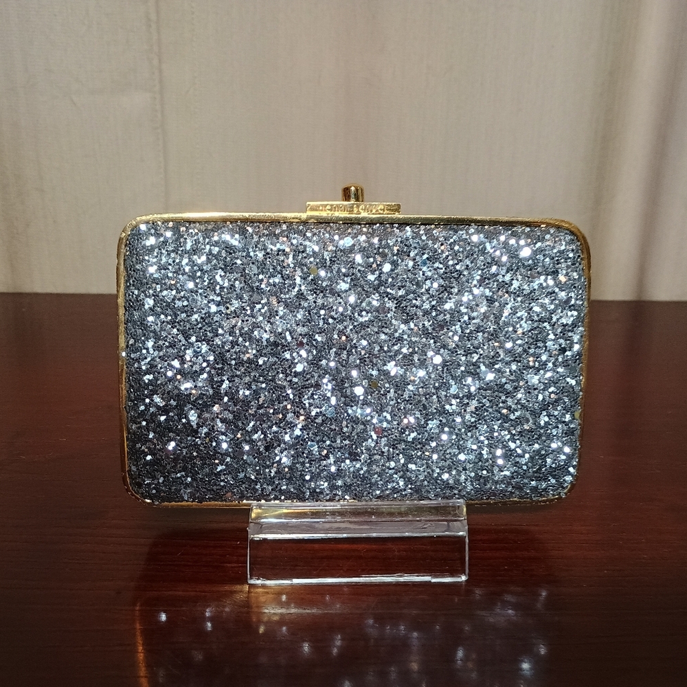 Henri Bendel Glittery Silver Party Box Clutch with Gold Accents